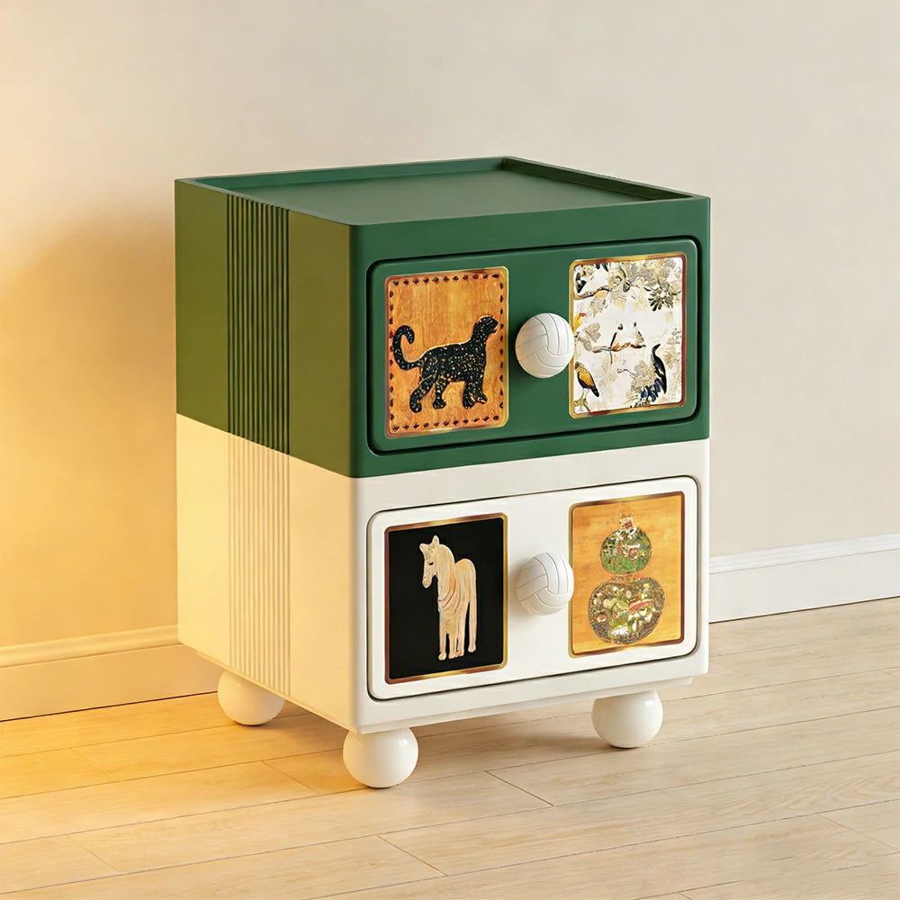 LIVARA Vintage Pony Nightstand - Double Drawer Bedside Table with Eco PE Body, Rounded Edges & Decorative Art Panels, Compact Storage Cabinet - Retro Green & Cream Leopard