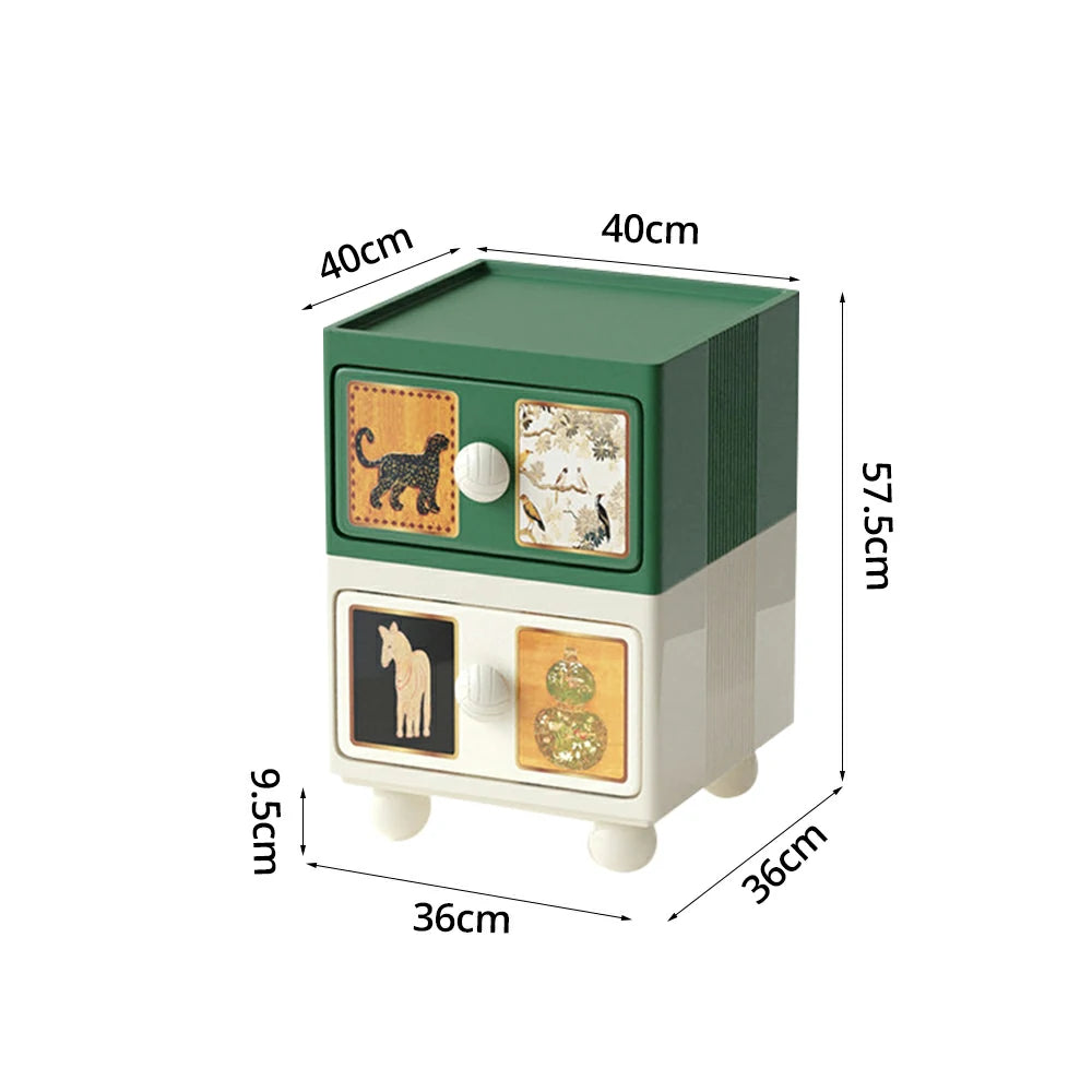 LIVARA Vintage Pony Nightstand - Double Drawer Bedside Table with Eco PE Body, Rounded Edges & Decorative Art Panels, Compact Storage Cabinet - Retro Green & Cream Leopard