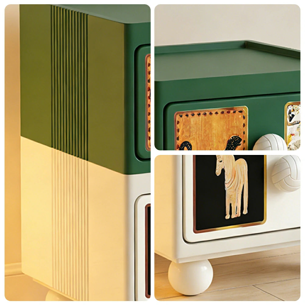 LIVARA Vintage Pony Nightstand - Double Drawer Bedside Table with Eco PE Body, Rounded Edges & Decorative Art Panels, Compact Storage Cabinet - Retro Green & Cream Leopard