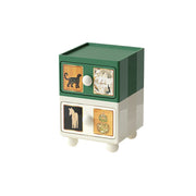 LIVARA Vintage Pony Nightstand - Double Drawer Bedside Table with Eco PE Body, Rounded Edges & Decorative Art Panels, Compact Storage Cabinet - Retro Green & Cream Leopard