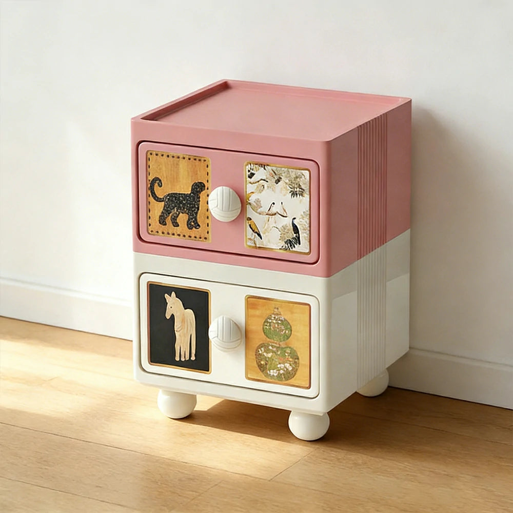 LIVARA Vintage Pony Nightstand - Double Drawer Bedside Table with Eco PE Body, Rounded Edges & Decorative Art Panels, Compact Storage Cabinet - Apricot Pink & Cream Leopard