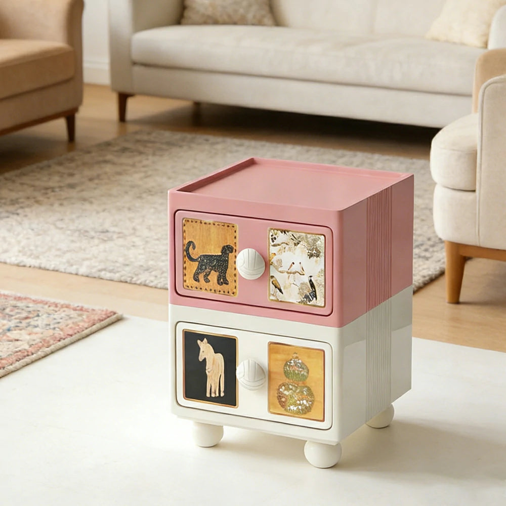LIVARA Vintage Pony Nightstand - Double Drawer Bedside Table with Eco PE Body, Rounded Edges & Decorative Art Panels, Compact Storage Cabinet - Apricot Pink & Cream Leopard