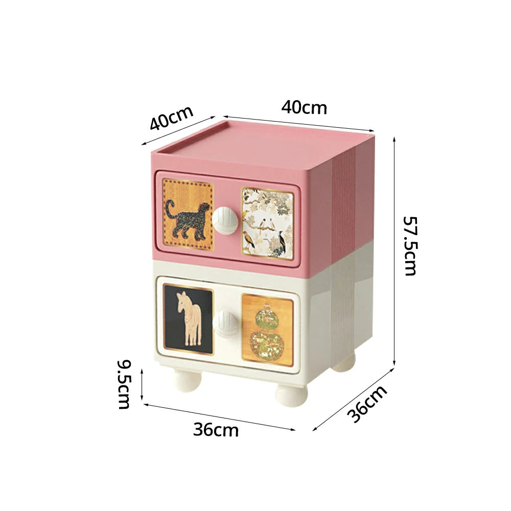 LIVARA Vintage Pony Nightstand - Double Drawer Bedside Table with Eco PE Body, Rounded Edges & Decorative Art Panels, Compact Storage Cabinet - Apricot Pink & Cream Leopard
