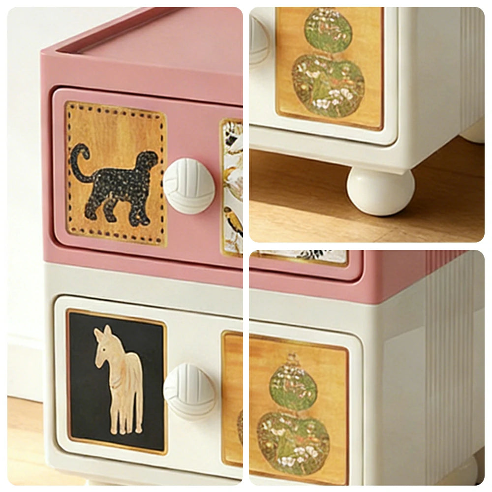LIVARA Vintage Pony Nightstand - Double Drawer Bedside Table with Eco PE Body, Rounded Edges & Decorative Art Panels, Compact Storage Cabinet - Apricot Pink & Cream Leopard