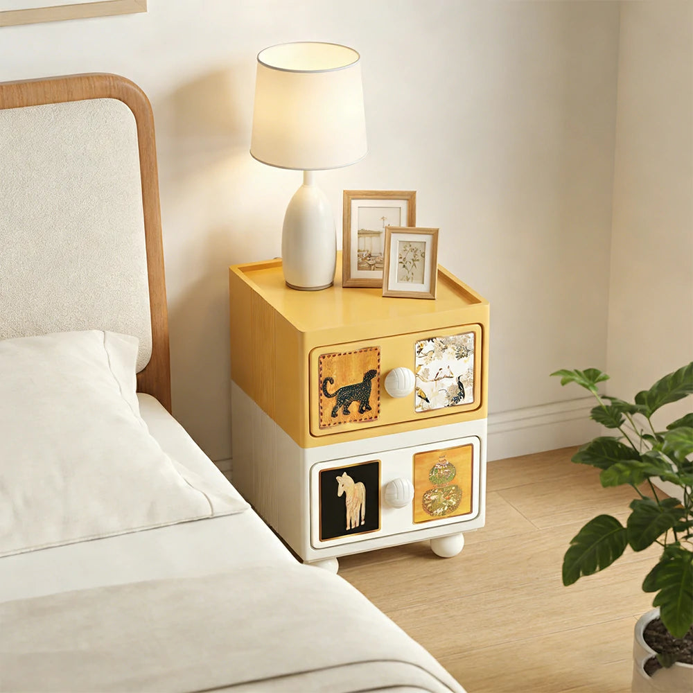LIVARA Vintage Pony Nightstand - Double Drawer Bedside Table with Eco PE Body, Rounded Edges & Decorative Art Panels, Compact Storage Cabinet - Yellow & Cream Leopard
