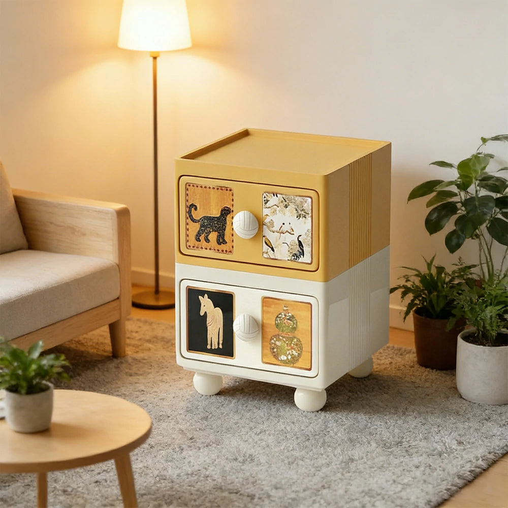 LIVARA Vintage Pony Nightstand - Double Drawer Bedside Table with Eco PE Body, Rounded Edges & Decorative Art Panels, Compact Storage Cabinet - Yellow & Cream Leopard