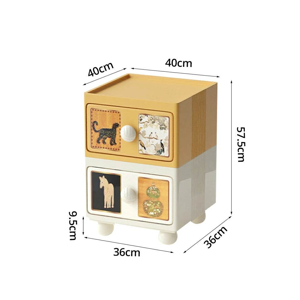 LIVARA Vintage Pony Nightstand - Double Drawer Bedside Table with Eco PE Body, Rounded Edges & Decorative Art Panels, Compact Storage Cabinet - Yellow & Cream Leopard
