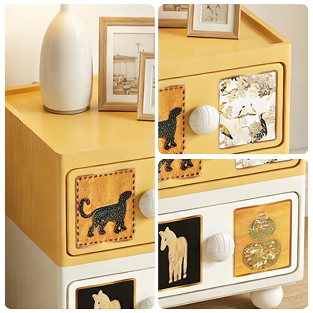 LIVARA Vintage Pony Nightstand - Double Drawer Bedside Table with Eco PE Body, Rounded Edges & Decorative Art Panels, Compact Storage Cabinet - Yellow & Cream Leopard