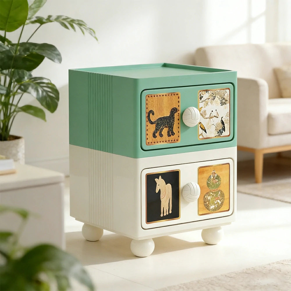 LIVARA Vintage Pony Nightstand - Double Drawer Bedside Table with Eco PE Body, Rounded Edges & Decorative Art Panels, Compact Storage Cabinet - Dusty Sage & Cream Leopard