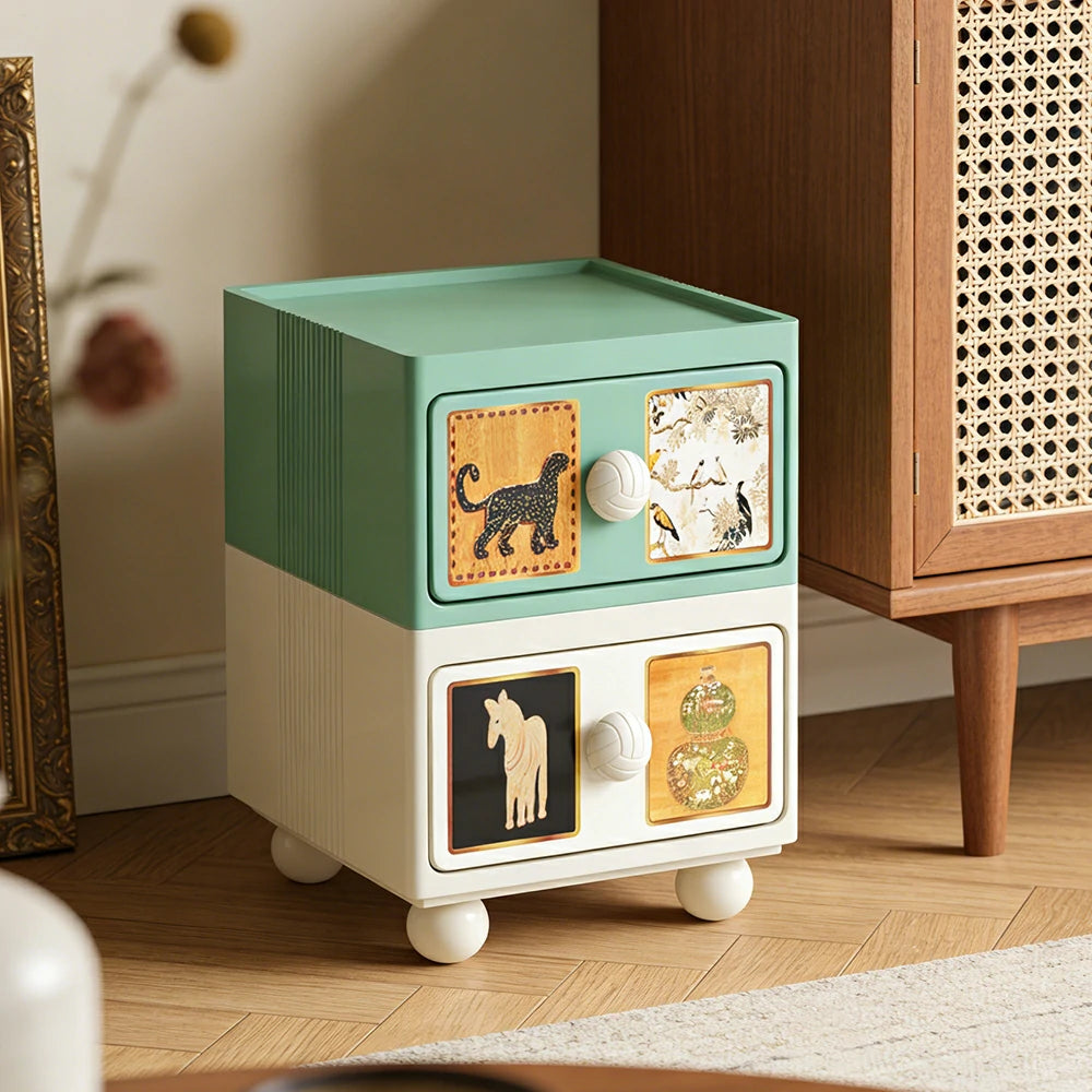 LIVARA Vintage Pony Nightstand - Double Drawer Bedside Table with Eco PE Body, Rounded Edges & Decorative Art Panels, Compact Storage Cabinet - Dusty Sage & Cream Leopard