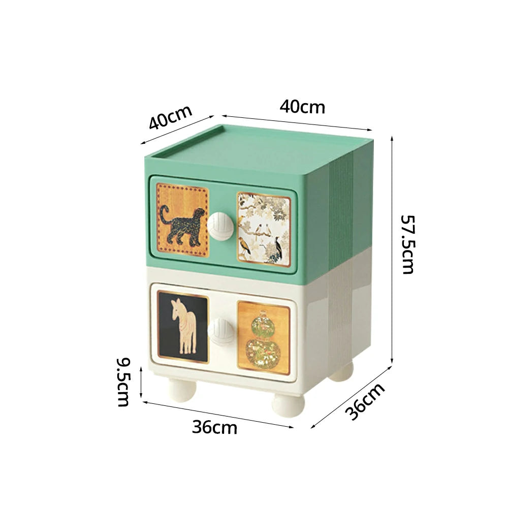 LIVARA Vintage Pony Nightstand - Double Drawer Bedside Table with Eco PE Body, Rounded Edges & Decorative Art Panels, Compact Storage Cabinet - Dusty Sage & Cream Leopard