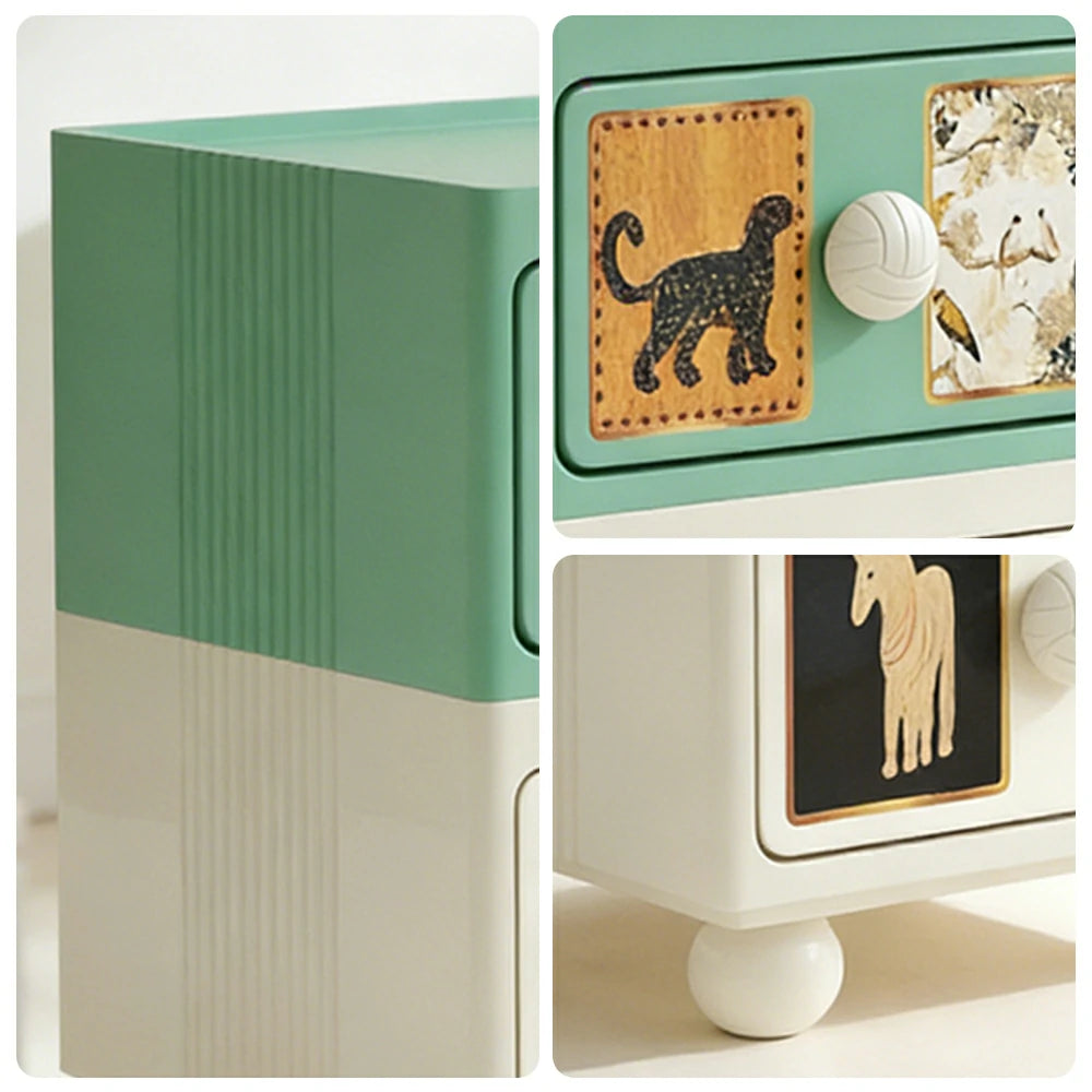 LIVARA Vintage Pony Nightstand - Double Drawer Bedside Table with Eco PE Body, Rounded Edges & Decorative Art Panels, Compact Storage Cabinet - Dusty Sage & Cream Leopard