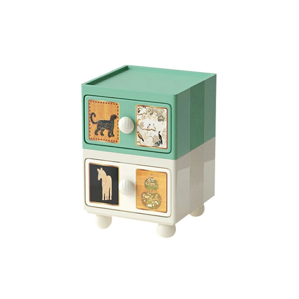 LIVARA Vintage Pony Nightstand - Double Drawer Bedside Table with Eco PE Body, Rounded Edges & Decorative Art Panels, Compact Storage Cabinet - Dusty Sage & Cream Leopard