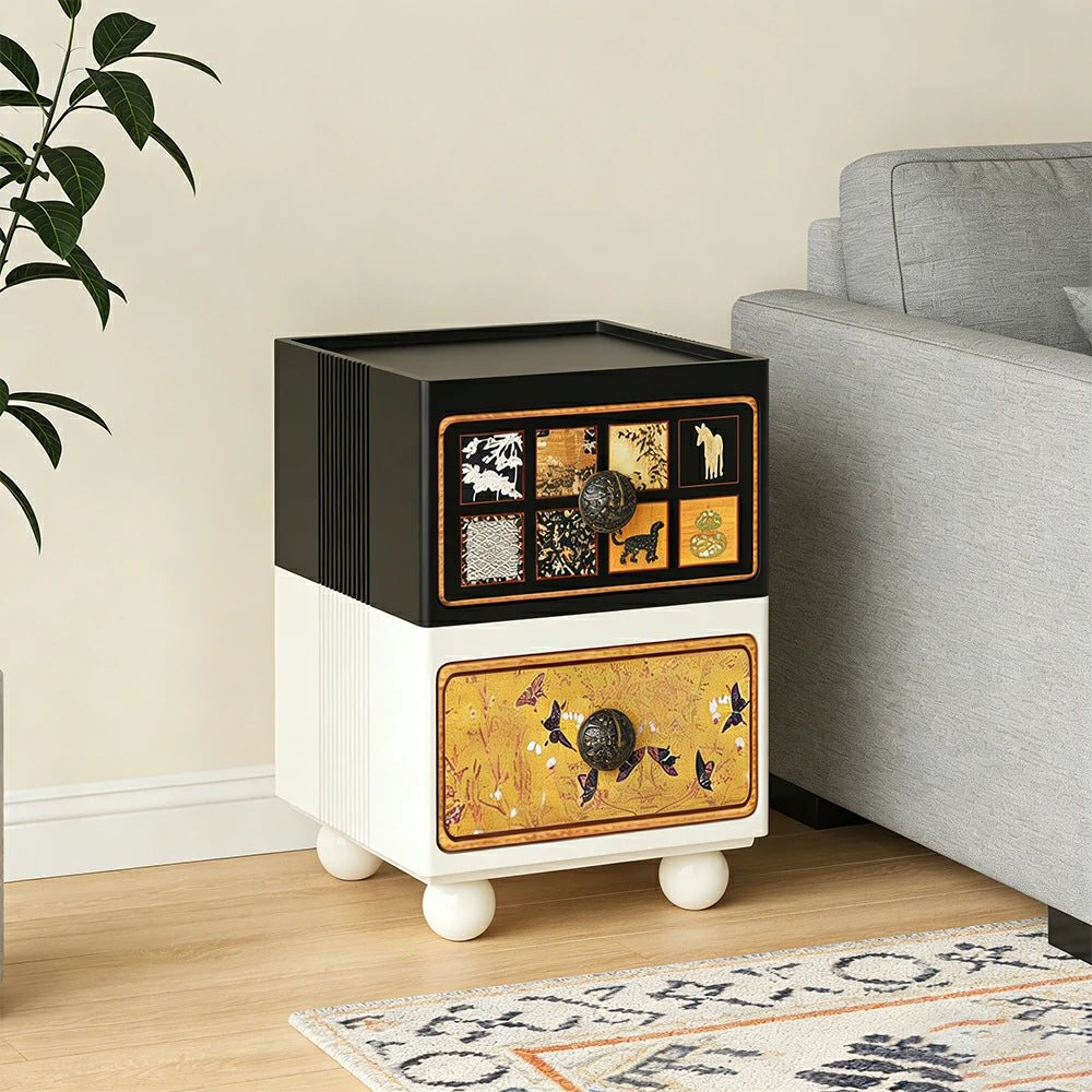 LIVARA Vintage Pony Nightstand - Double Drawer Bedside Table with Eco PE Body, Rounded Edges & Decorative Art Panels, Compact Storage Cabinet - Black & Cream Pony