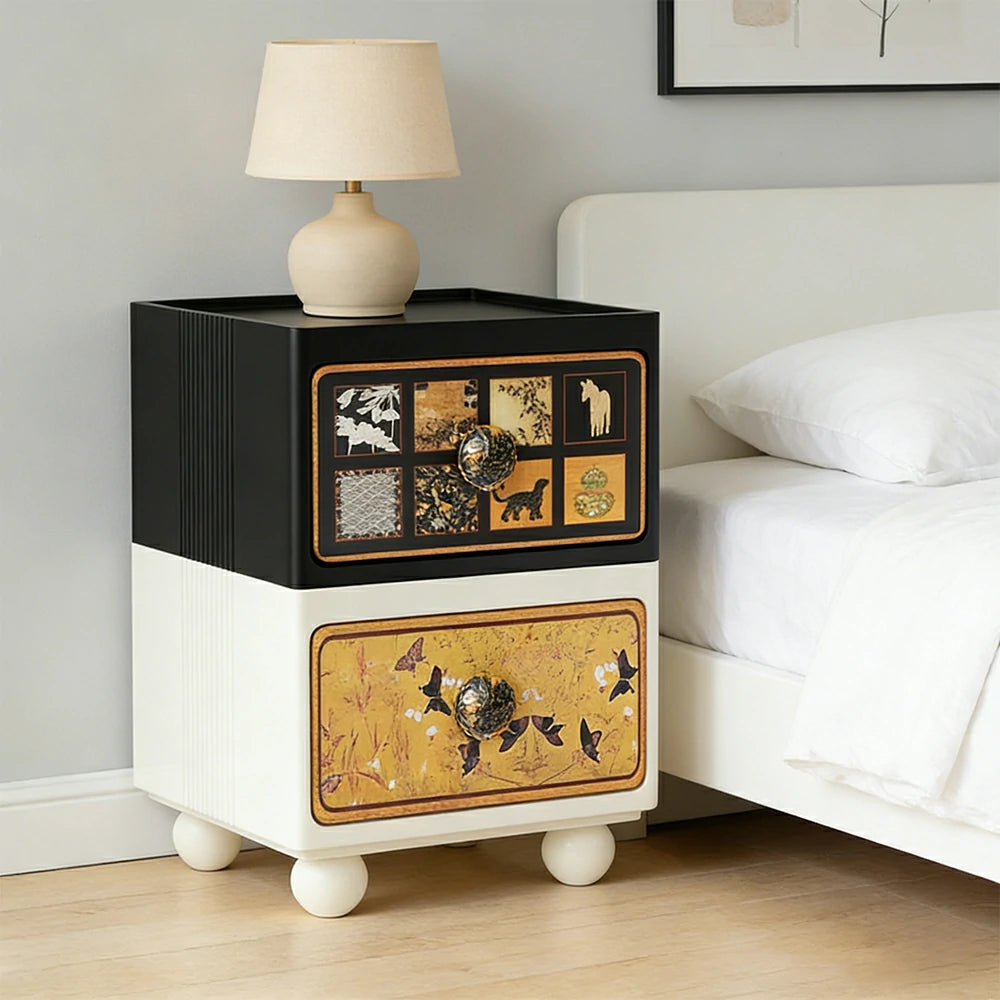LIVARA Vintage Pony Nightstand - Double Drawer Bedside Table with Eco PE Body, Rounded Edges & Decorative Art Panels, Compact Storage Cabinet - Black & Cream Pony