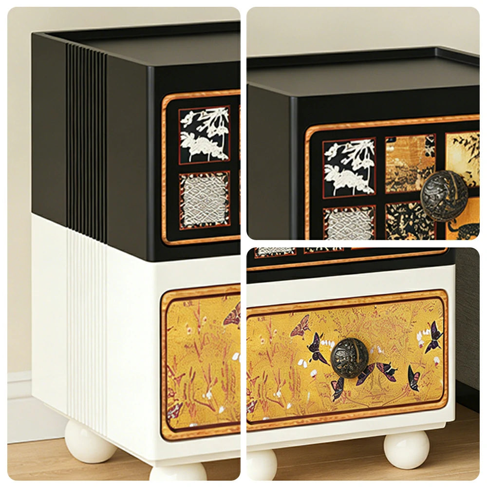 LIVARA Vintage Pony Nightstand - Double Drawer Bedside Table with Eco PE Body, Rounded Edges & Decorative Art Panels, Compact Storage Cabinet - Black & Cream Pony