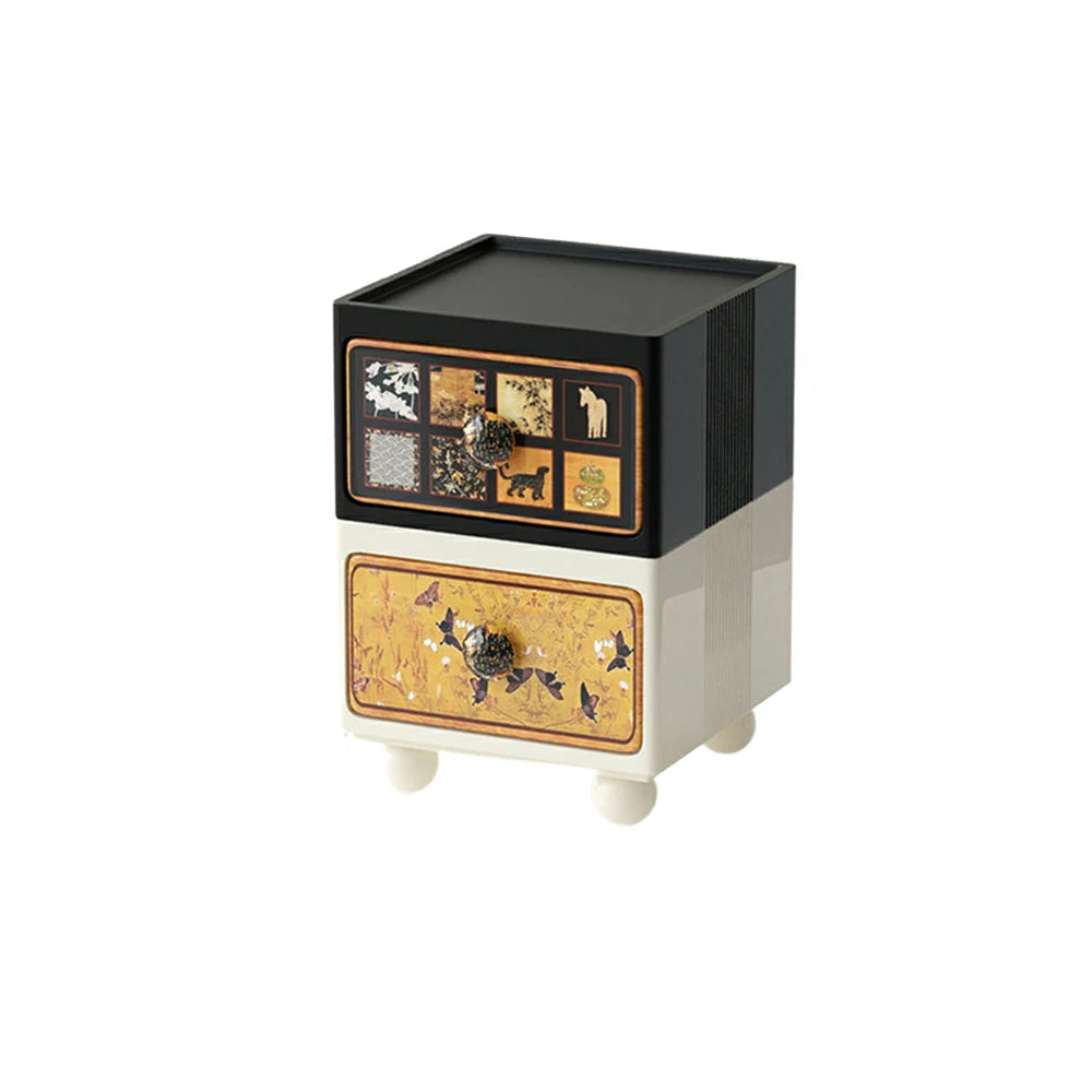 LIVARA Vintage Pony Nightstand - Double Drawer Bedside Table with Eco PE Body, Rounded Edges & Decorative Art Panels, Compact Storage Cabinet - Black & Cream Pony