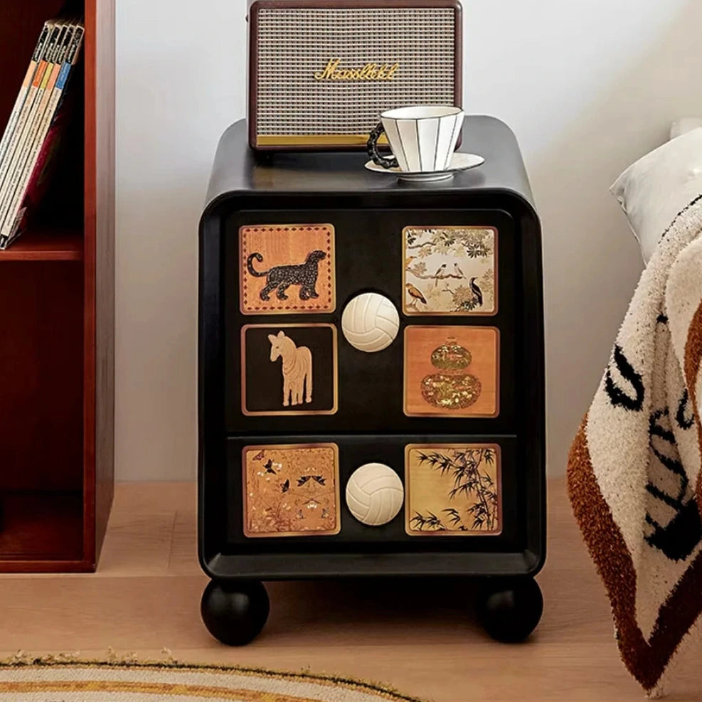 LIVARA Vintage Pony Nightstand - Double Drawer Bedside Table with Eco PE Body, Rounded Edges & Decorative Art Panels, Compact Storage Cabinet - Black & Cream Leopard