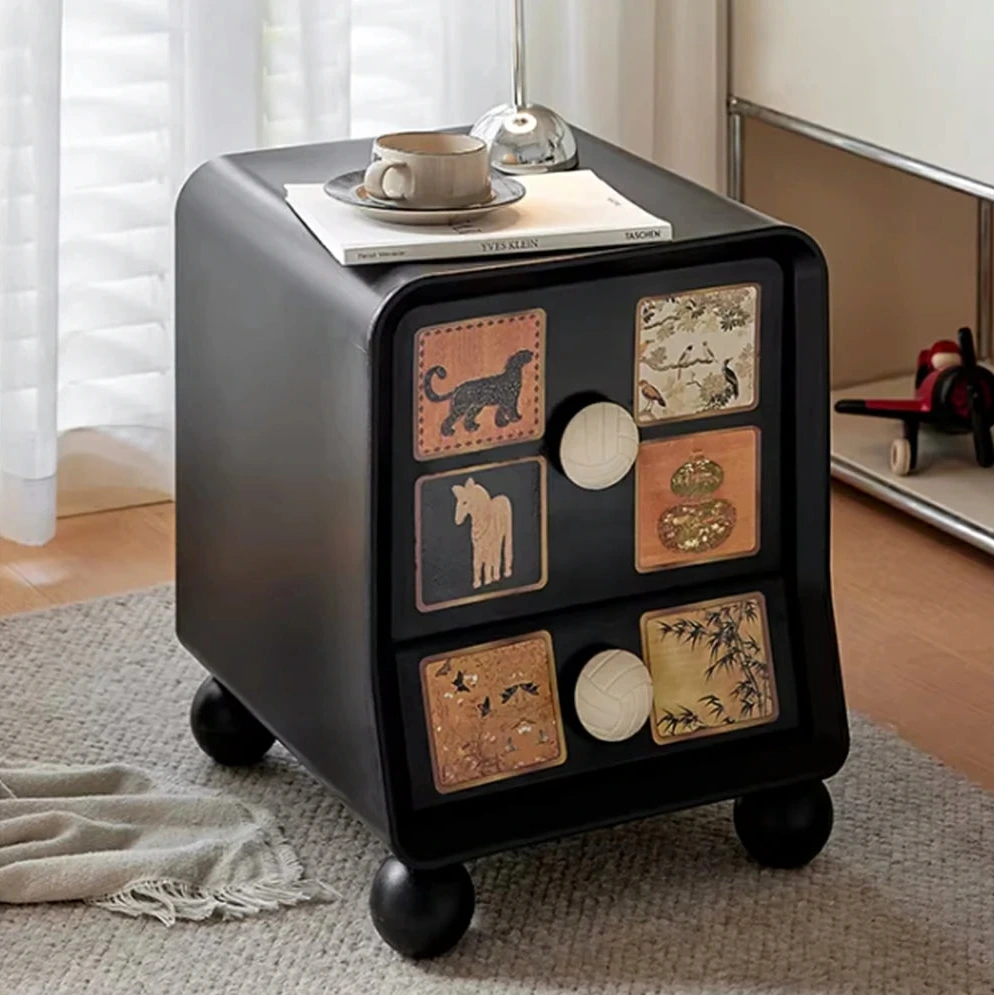 LIVARA Vintage Pony Nightstand - Double Drawer Bedside Table with Eco PE Body, Rounded Edges & Decorative Art Panels, Compact Storage Cabinet - Black & Cream Leopard