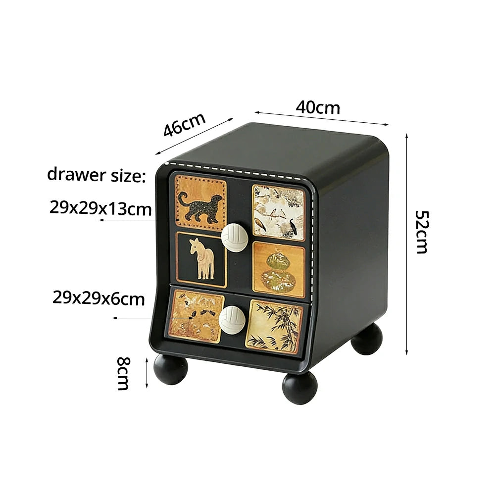 LIVARA Vintage Pony Nightstand - Double Drawer Bedside Table with Eco PE Body, Rounded Edges & Decorative Art Panels, Compact Storage Cabinet - Black & Cream Leopard