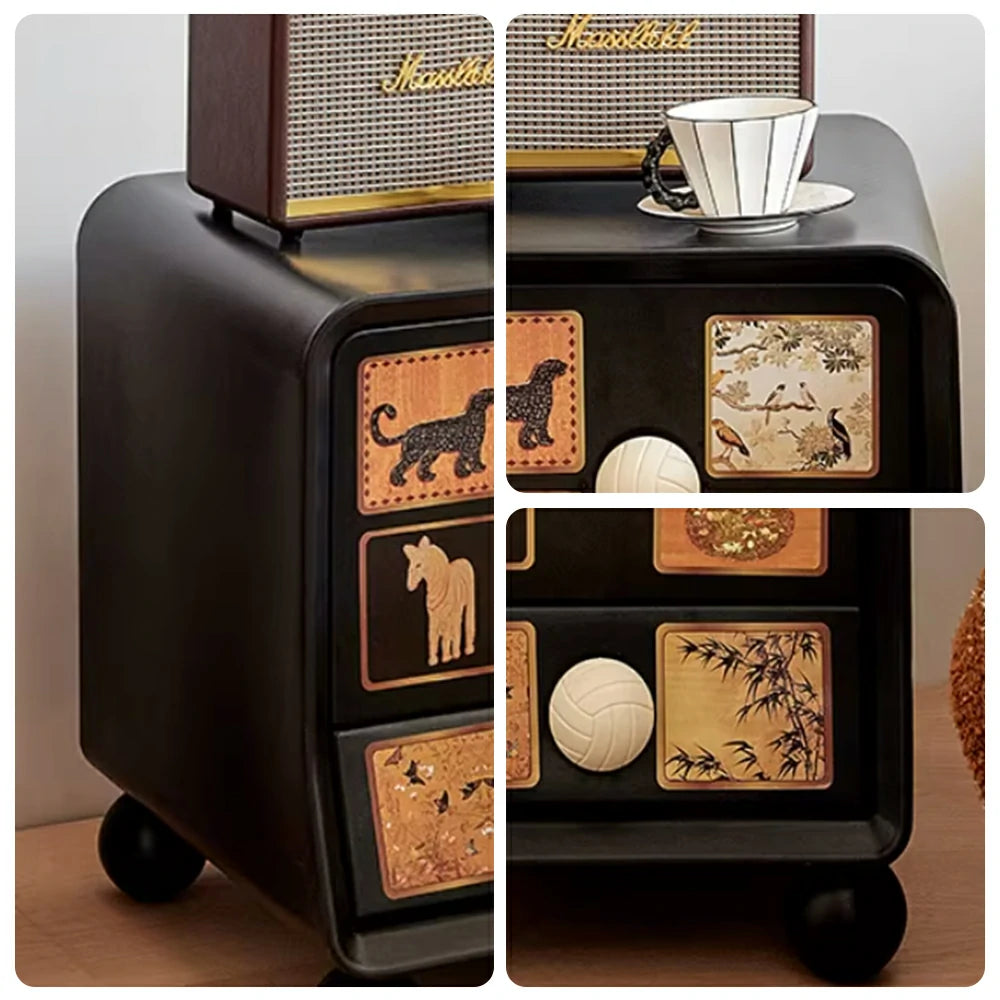 LIVARA Vintage Pony Nightstand - Double Drawer Bedside Table with Eco PE Body, Rounded Edges & Decorative Art Panels, Compact Storage Cabinet - Black & Cream Leopard