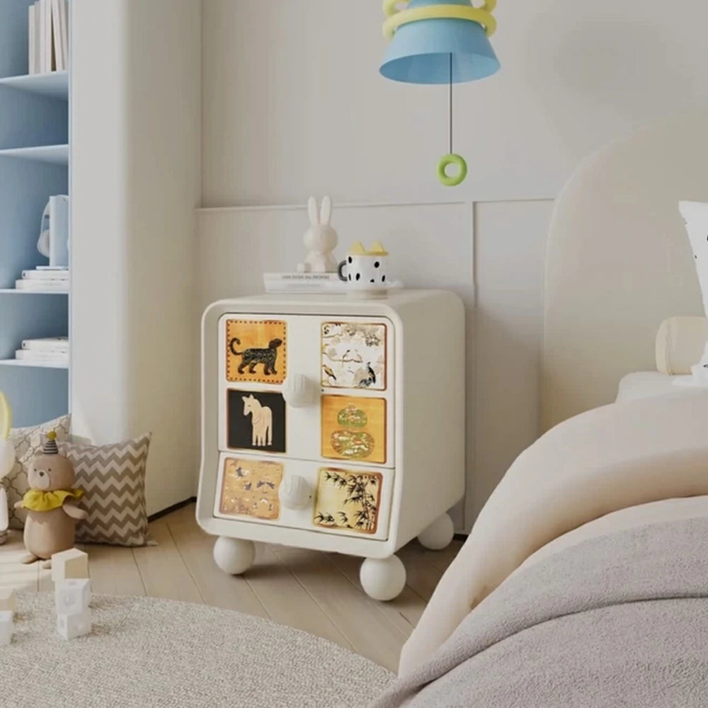 LIVARA Vintage Pony Nightstand - Double Drawer Bedside Table with Eco PE Body, Rounded Edges & Decorative Art Panels, Compact Storage Cabinet - Cream & Black Leopard