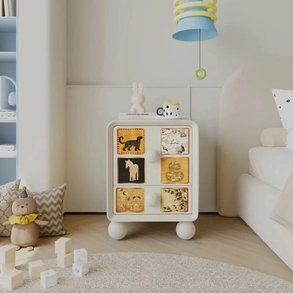 LIVARA Vintage Pony Nightstand - Double Drawer Bedside Table with Eco PE Body, Rounded Edges & Decorative Art Panels, Compact Storage Cabinet - Cream & Black Leopard