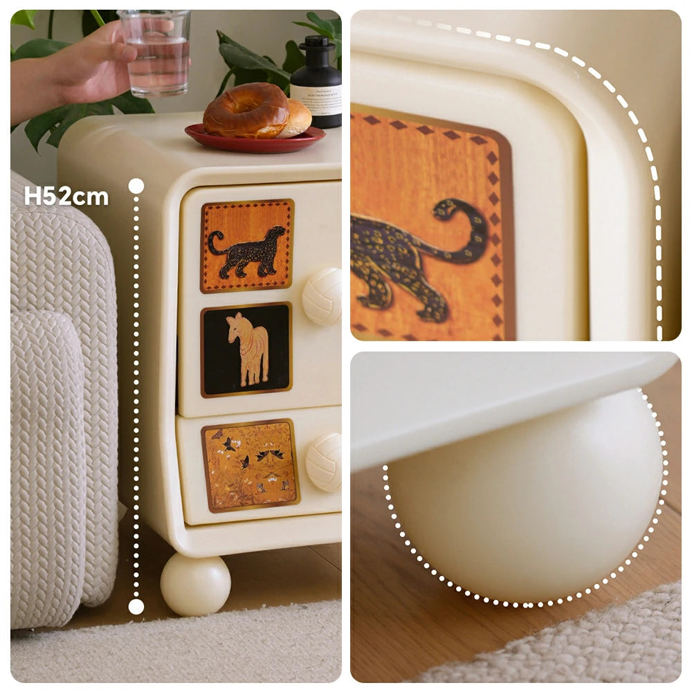 LIVARA Vintage Pony Nightstand - Double Drawer Bedside Table with Eco PE Body, Rounded Edges & Decorative Art Panels, Compact Storage Cabinet - Cream & Black Leopard