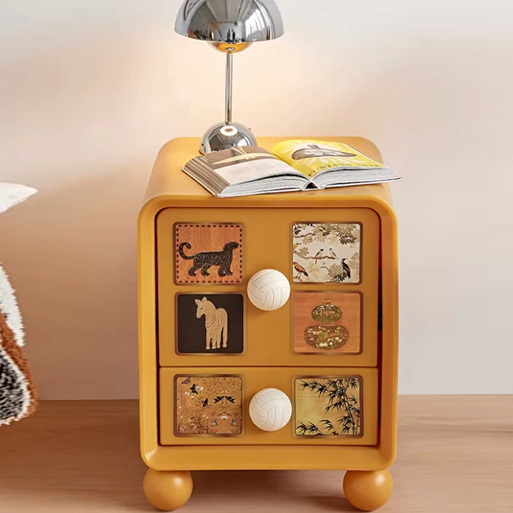 LIVARA Vintage Pony Nightstand - Double Drawer Bedside Table with Eco PE Body, Rounded Edges & Decorative Art Panels, Compact Storage Cabinet - Mustard Yellow & Cream Leopard