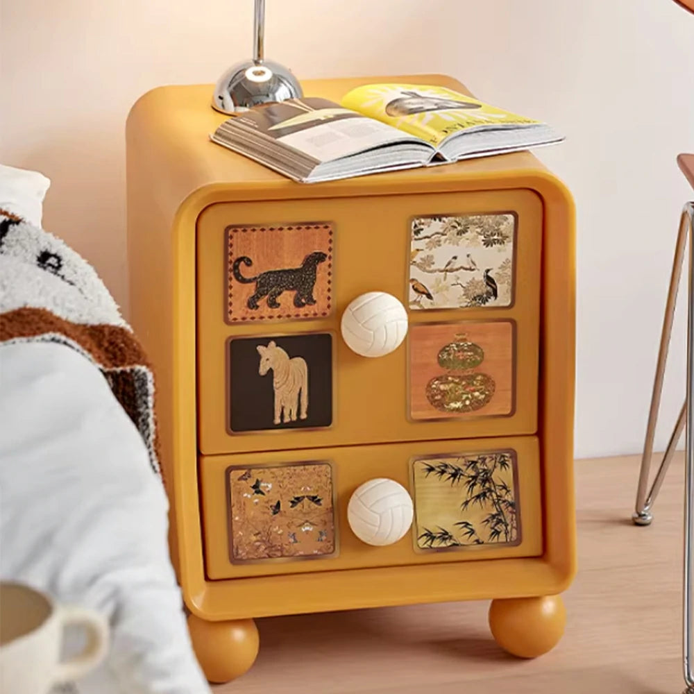 LIVARA Vintage Pony Nightstand - Double Drawer Bedside Table with Eco PE Body, Rounded Edges & Decorative Art Panels, Compact Storage Cabinet - Mustard Yellow & Cream Leopard