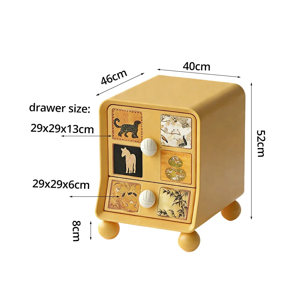 LIVARA Vintage Pony Nightstand - Double Drawer Bedside Table with Eco PE Body, Rounded Edges & Decorative Art Panels, Compact Storage Cabinet - Mustard Yellow & Cream Leopard