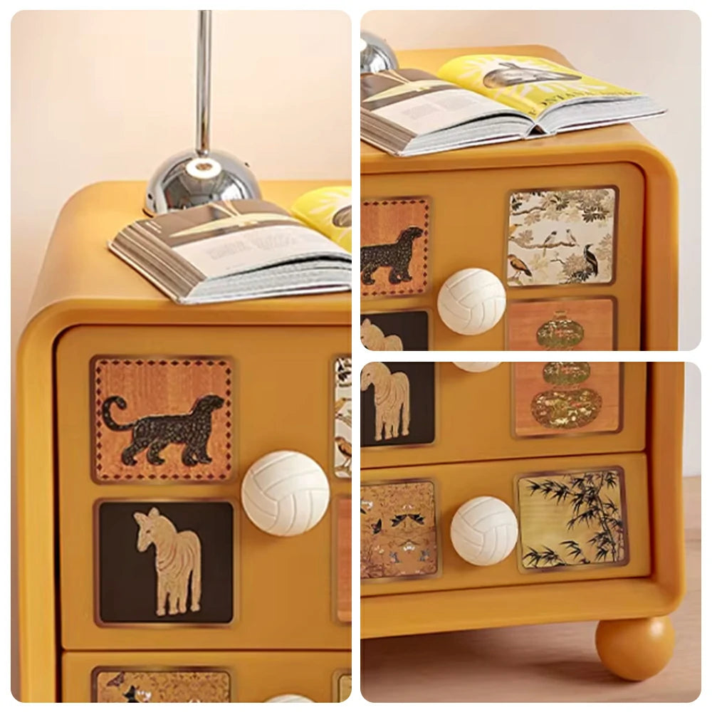 LIVARA Vintage Pony Nightstand - Double Drawer Bedside Table with Eco PE Body, Rounded Edges & Decorative Art Panels, Compact Storage Cabinet - Mustard Yellow & Cream Leopard