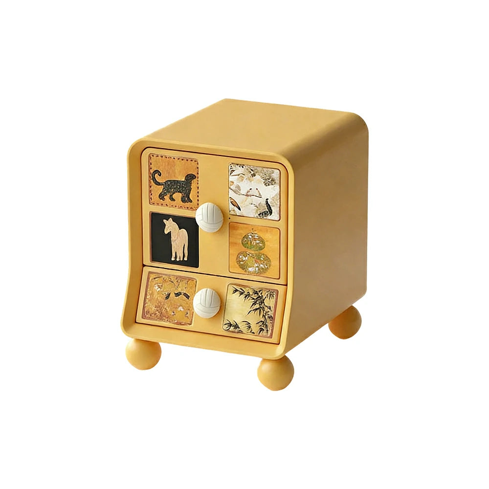 LIVARA Vintage Pony Nightstand - Double Drawer Bedside Table with Eco PE Body, Rounded Edges & Decorative Art Panels, Compact Storage Cabinet - Mustard Yellow & Cream Leopard
