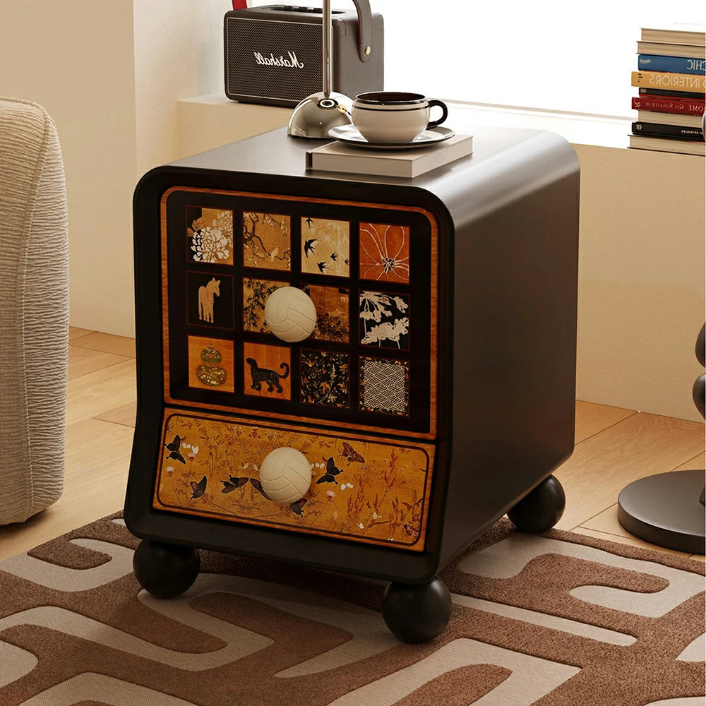 LIVARA Vintage Pony Nightstand - Double Drawer Bedside Table with Eco PE Body, Rounded Edges & Decorative Art Panels, Compact Storage Cabinet - Black & Cream Pony