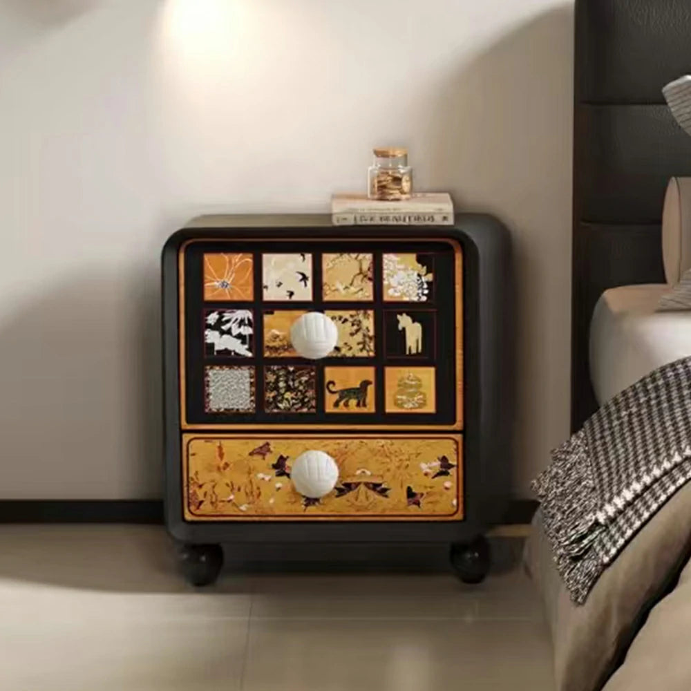 LIVARA Vintage Pony Nightstand - Double Drawer Bedside Table with Eco PE Body, Rounded Edges & Decorative Art Panels, Compact Storage Cabinet - Black & Cream Pony