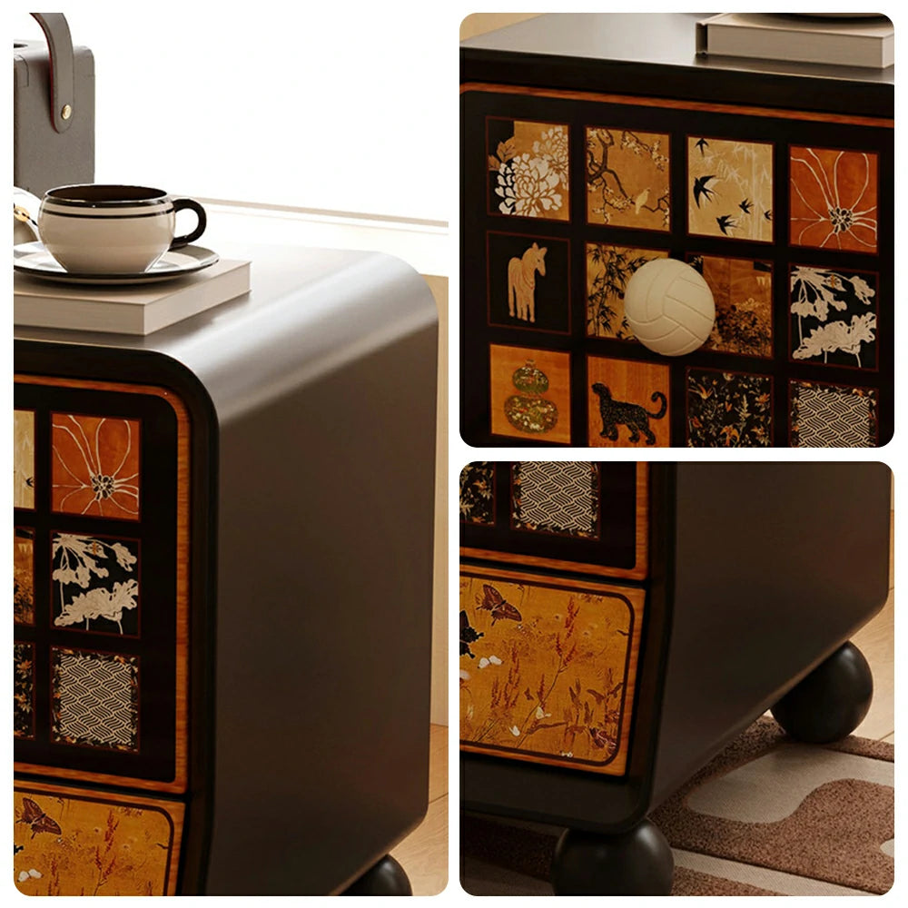 LIVARA Vintage Pony Nightstand - Double Drawer Bedside Table with Eco PE Body, Rounded Edges & Decorative Art Panels, Compact Storage Cabinet - Black & Cream Pony