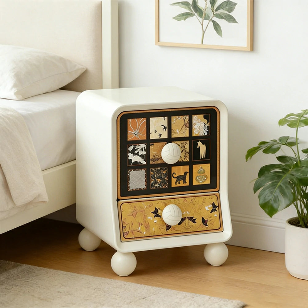 LIVARA Vintage Pony Nightstand - Double Drawer Bedside Table with Eco PE Body, Rounded Edges & Decorative Art Panels, Compact Storage Cabinet - Cream & Black Pony