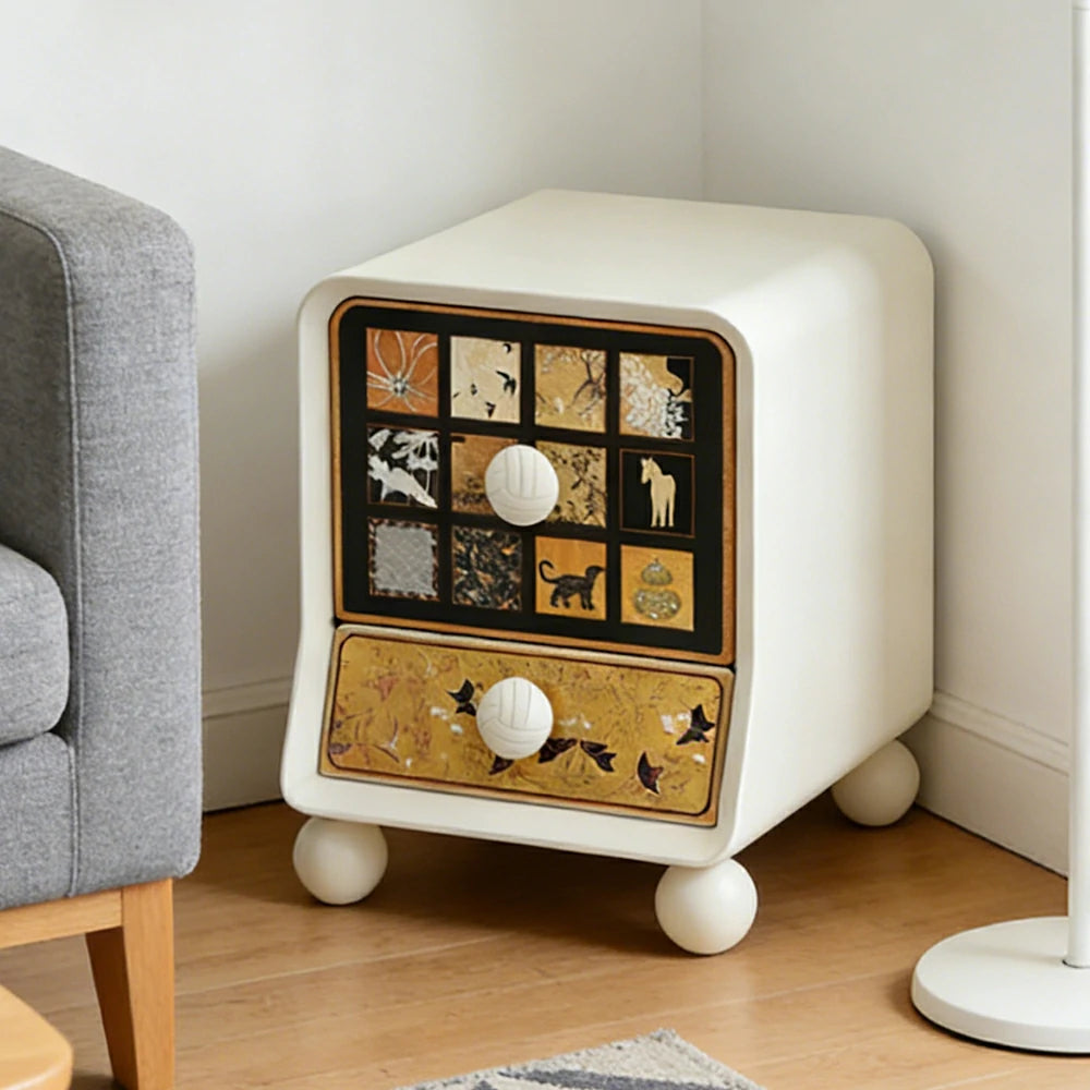 LIVARA Vintage Pony Nightstand - Double Drawer Bedside Table with Eco PE Body, Rounded Edges & Decorative Art Panels, Compact Storage Cabinet - Cream & Black Pony