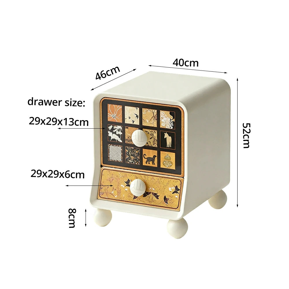 LIVARA Vintage Pony Nightstand - Double Drawer Bedside Table with Eco PE Body, Rounded Edges & Decorative Art Panels, Compact Storage Cabinet - Cream & Black Pony