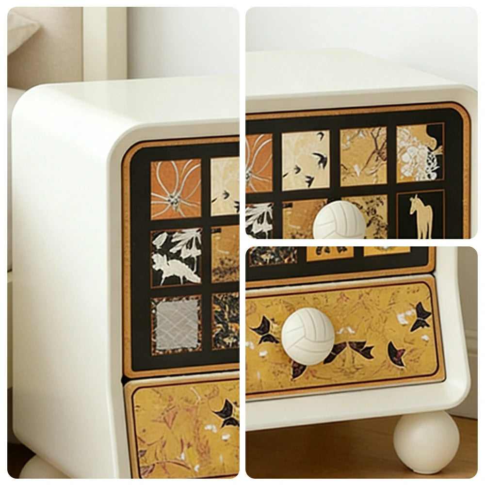 LIVARA Vintage Pony Nightstand - Double Drawer Bedside Table with Eco PE Body, Rounded Edges & Decorative Art Panels, Compact Storage Cabinet - Cream & Black Pony