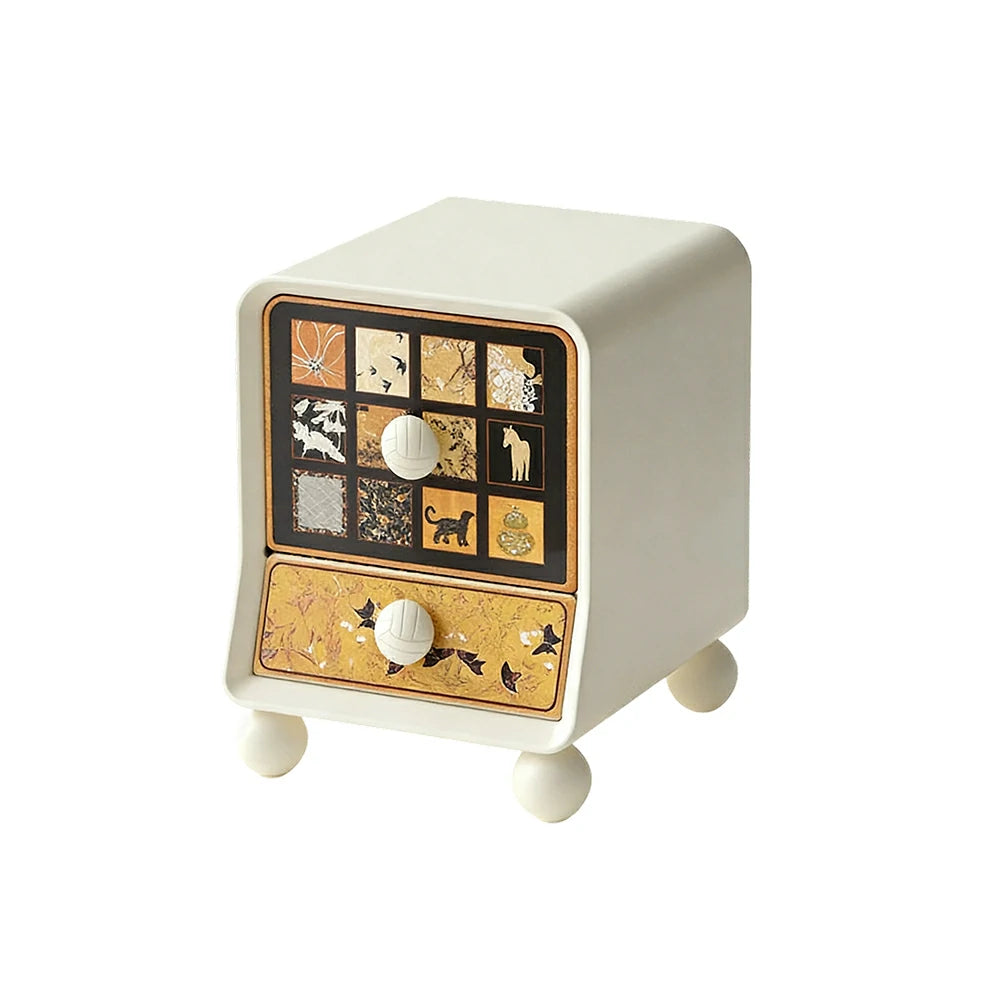 LIVARA Vintage Pony Nightstand - Double Drawer Bedside Table with Eco PE Body, Rounded Edges & Decorative Art Panels, Compact Storage Cabinet - Cream & Black Pony