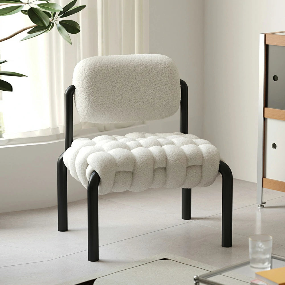 LIVARA Nordic Shearling Accent Chair - Handwoven Cushion, Teddy Fleece Upholstery, Steel Frame, Modern Designer Lounge Seat - White
