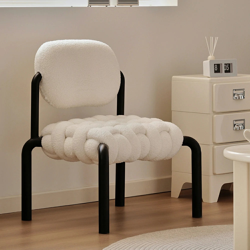 LIVARA Nordic Shearling Accent Chair - Handwoven Cushion, Teddy Fleece Upholstery, Steel Frame, Modern Designer Lounge Seat - White