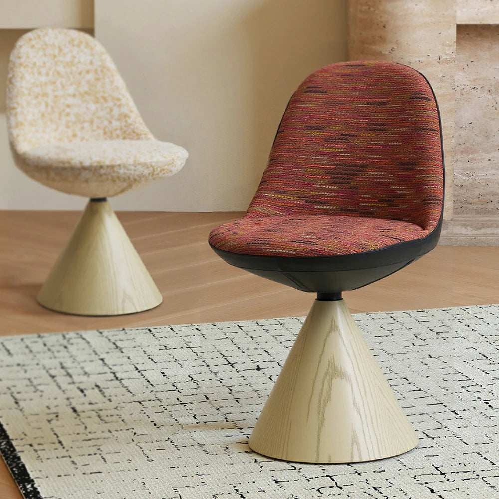 LIVARA Nordic Swivel Accent Chair - Three Hundred Sixty Degree Rotating Seat, Knitted Mixed-Color Upholstery, Solid Wood Cone Base, Modern Designer Lounge Chair - Natural Wood & Pastel Mix