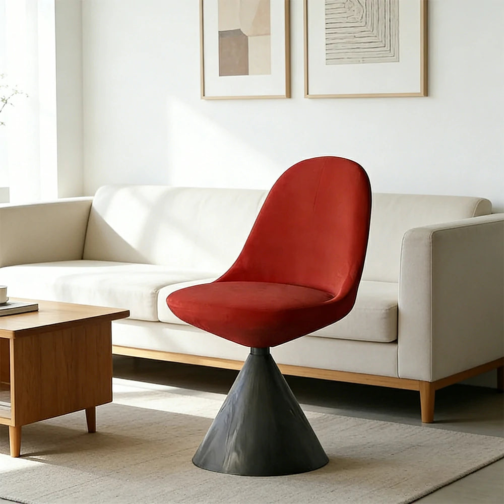 LIVARA Nordic Swivel Accent Chair - Three Hundred Sixty Degree Rotating Seat, Knitted Mixed-Color Upholstery, Solid Wood Cone Base, Modern Designer Lounge Chair - Black & Vintage Red