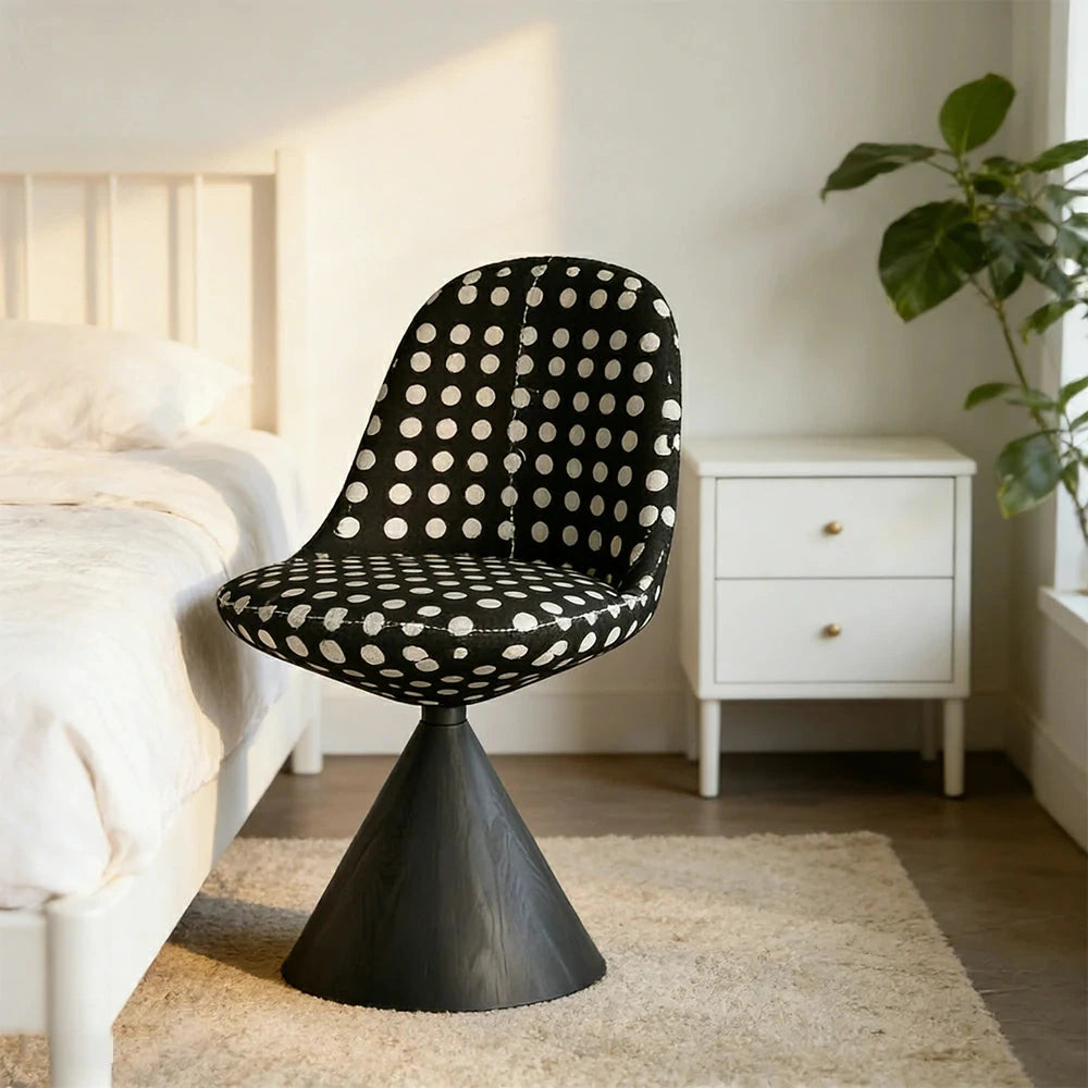 LIVARA Nordic Swivel Accent Chair - Three Hundred Sixty Degree Rotating Seat, Knitted Mixed-Color Upholstery, Solid Wood Cone Base, Modern Designer Lounge Chair - Black & Black White Polka Dot