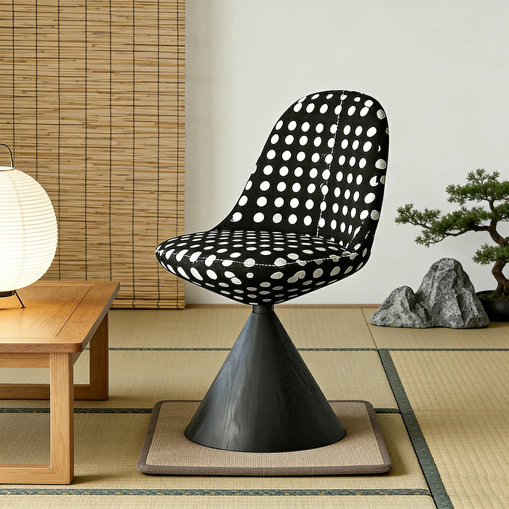 LIVARA Nordic Swivel Accent Chair - Three Hundred Sixty Degree Rotating Seat, Knitted Mixed-Color Upholstery, Solid Wood Cone Base, Modern Designer Lounge Chair - Black & Black White Polka Dot