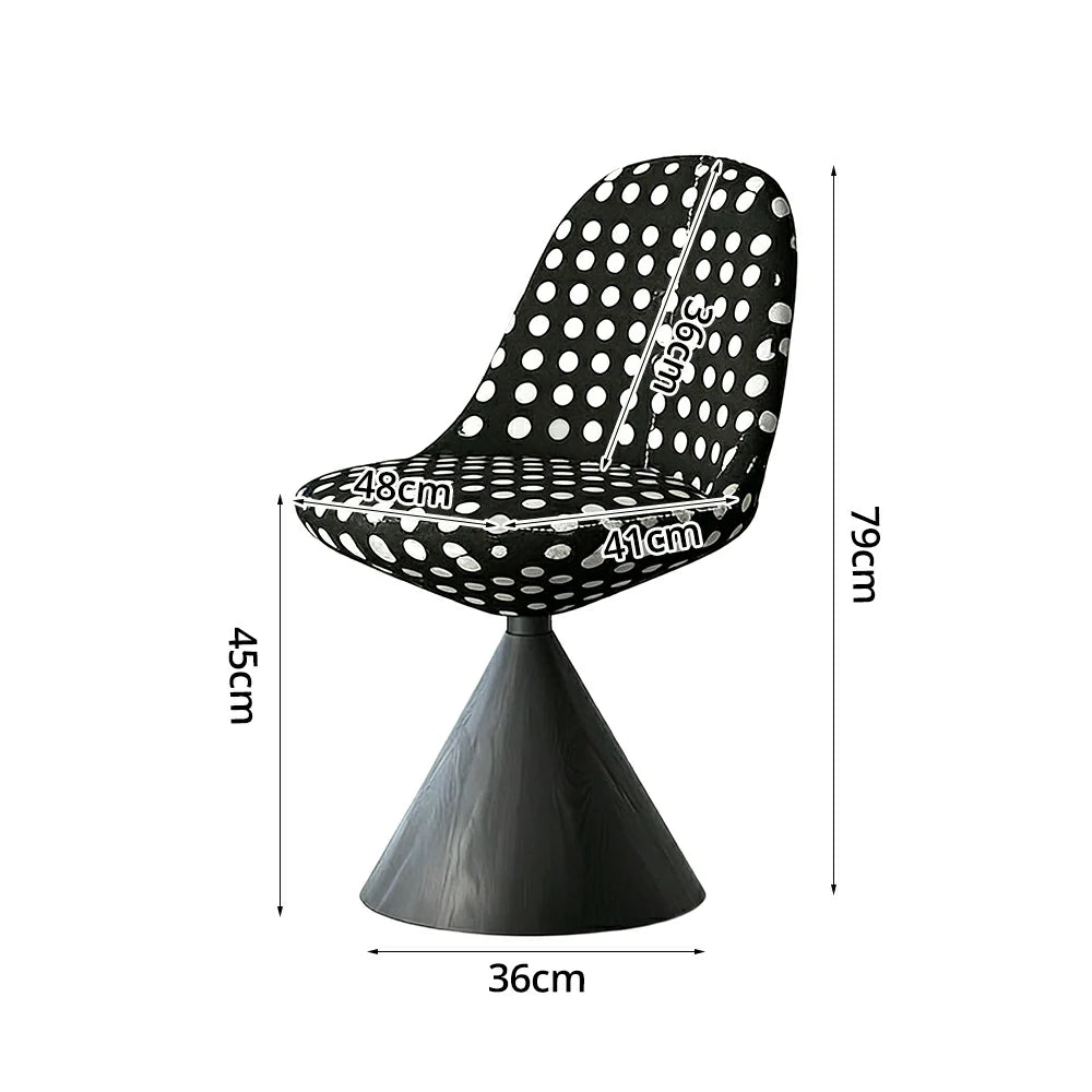 LIVARA Nordic Swivel Accent Chair - Three Hundred Sixty Degree Rotating Seat, Knitted Mixed-Color Upholstery, Solid Wood Cone Base, Modern Designer Lounge Chair - Black & Black White Polka Dot