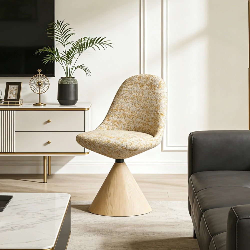 LIVARA Nordic Swivel Accent Chair - Three Hundred Sixty Degree Rotating Seat, Knitted Mixed-Color Upholstery, Solid Wood Cone Base, Modern Designer Lounge Chair - Natural Wood & Beige Snowflake