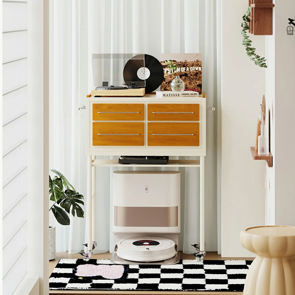 LIVARA Vintage Storage Cart - 4-Drawer Cabinet with Solid Wood Panels, Open Shelf & Lockable Casters, Mid-Century Organizer Trolley - Cream White